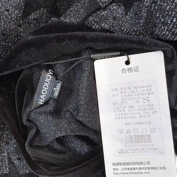 New Haoduoyi Black Stars Tie Front Shimmery Silver Long Sleeves Blouse Size S - Picture 7 of 9